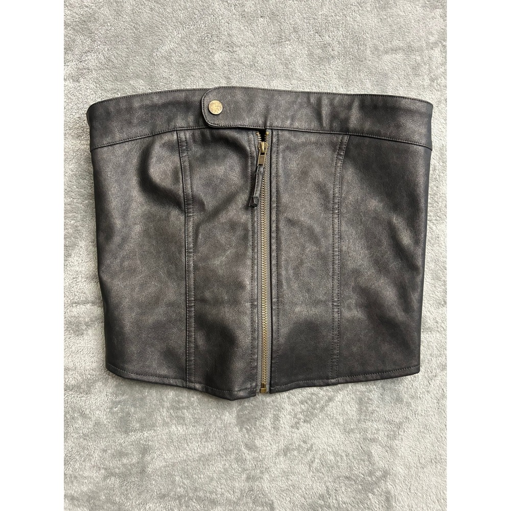 Edikted Black Faux Leather Zip Front Lace Up Back Corset Tube Top Womens Medium